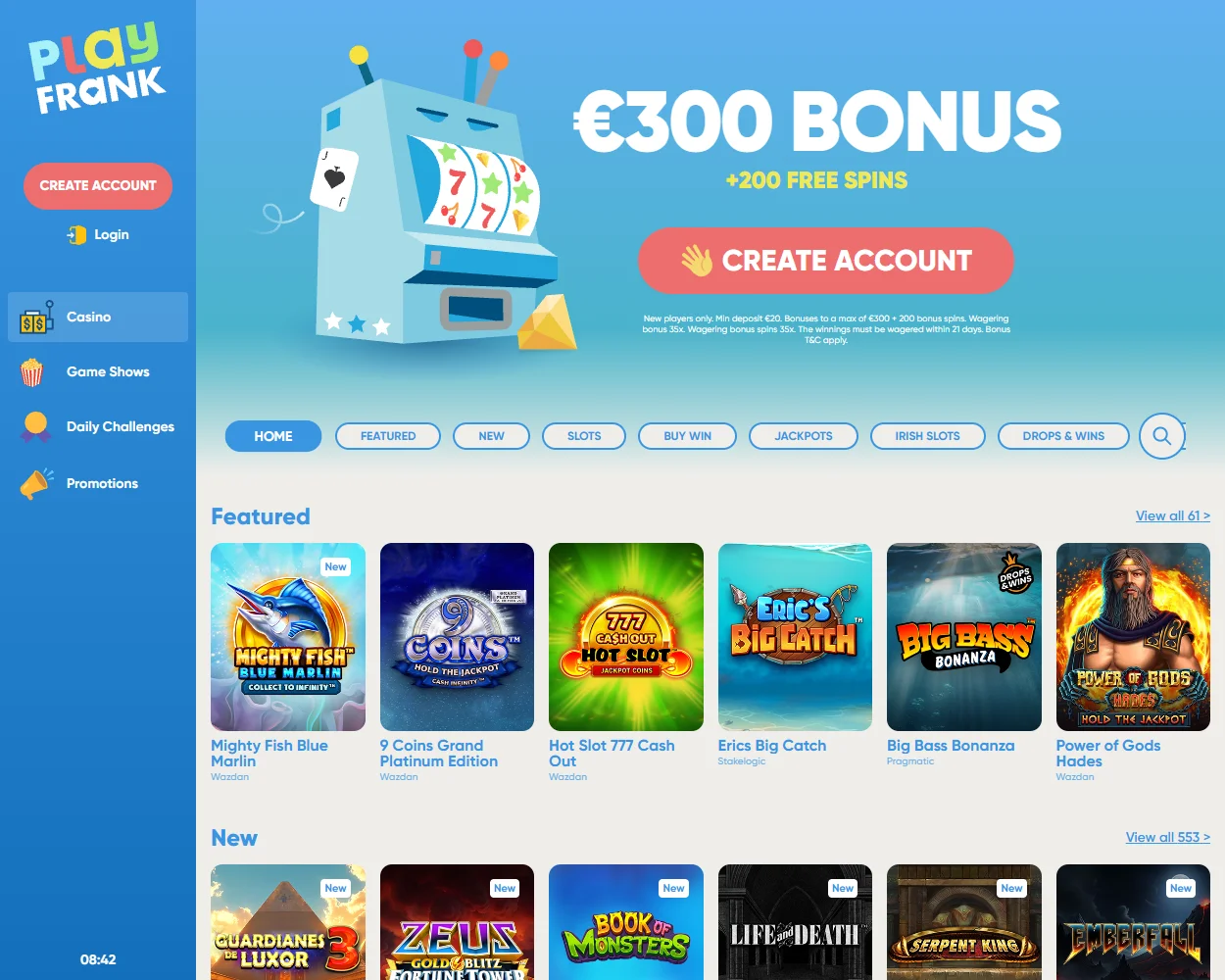 PlayFrank Casino features