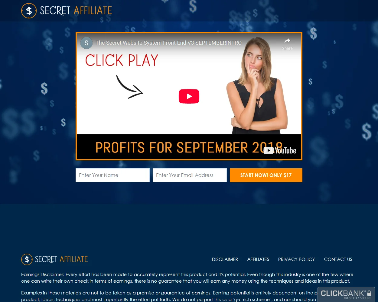 Secret Affiliate Website features