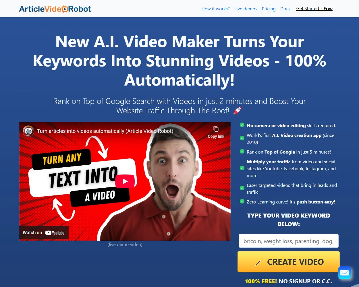 Article Video Robot features